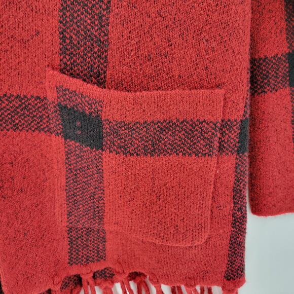 Adrienne Vittadini Womens Sweater Medium Red Plaid Cardigan Fringe Open Front - Picture 4 of 12